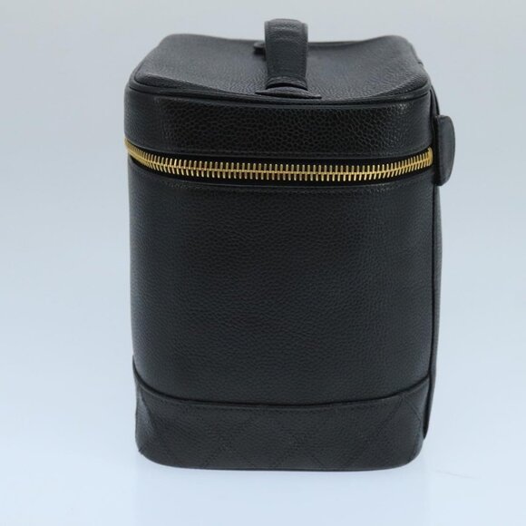 CHANEL Bicolore Vanity Cosmetic Pouch Grained Calf Skin Black Gold CC Auth - Picture 4 of 15